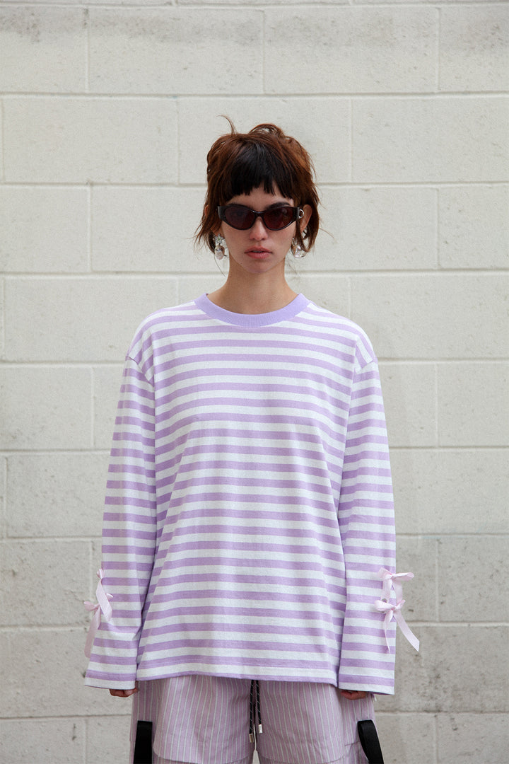 Long Sleeve Box Tee in Striped Lilac